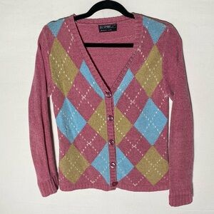 Vintage KS Sport Pink Tan Blue Argyle Chenille Knit Cardigan S Academia Twee